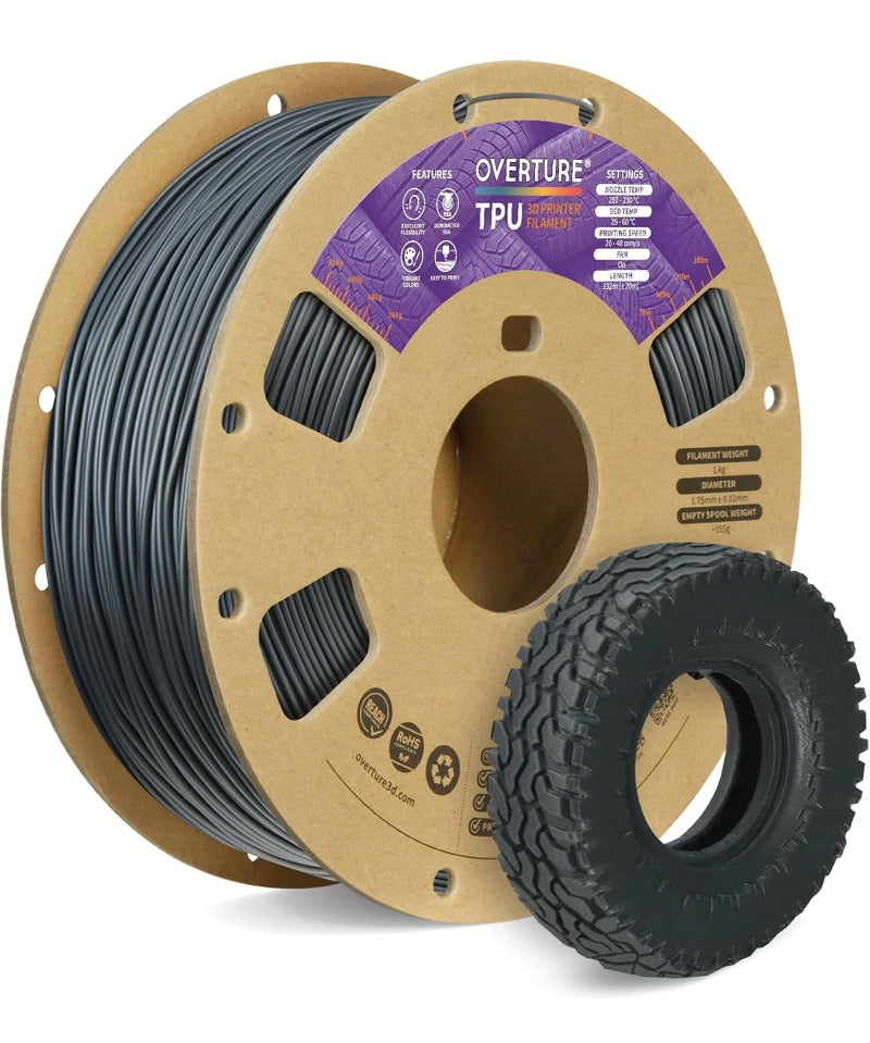OVERTURE TPU Filament 1.75mm Flexible Roll, 95A Soft 3D Printer Filament, 1kg Spool (2.2 lbs), Fit Most FDM Printer (TPU Space Gray) - Image 1